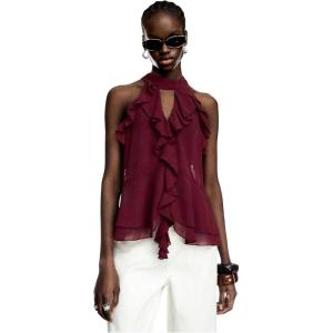 image:imageRoseSeek Womens Flowy Going Out Halter Tops Ruffle Mesh Tops Cut Out Sleeveless Tie Neck Tank Top Summer OutfitBurgundy