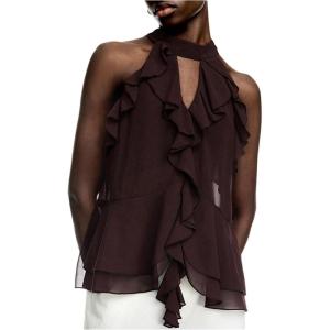 image:imageRoseSeek Womens Flowy Going Out Halter Tops Ruffle Mesh Tops Cut Out Sleeveless Tie Neck Tank Top Summer OutfitCoffee Brown