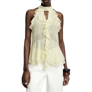image:imageRoseSeek Womens Flowy Going Out Halter Tops Ruffle Mesh Tops Cut Out Sleeveless Tie Neck Tank Top Summer OutfitLight Yellow