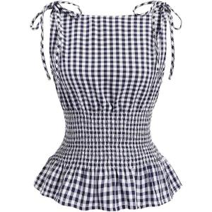image:imageRoseSeek Womens Gingham Tie Shoulder Tank Tops Sleeveless Shirred Ruffle Hem ShirtsBlue