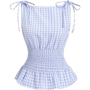 image:imageRoseSeek Womens Gingham Tie Shoulder Tank Tops Sleeveless Shirred Ruffle Hem ShirtsLight Blue
