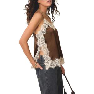 image:imageRoseSeek Womens Lace Trim Patchwork Cami Top V Neck Sleeveless Tops with Side Slit Elegant TopsCoffee Brown