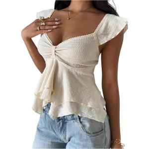 image:imageRoseSeek Womens Layered Ruffle T Shirts Sweetheart Neck Cap Sleeve Elegant Crop TopsApricot