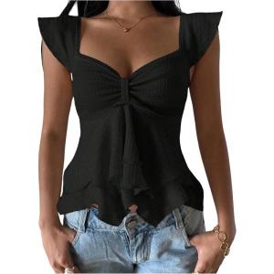 image:imageRoseSeek Womens Layered Ruffle T Shirts Sweetheart Neck Cap Sleeve Elegant Crop TopsBlack