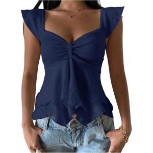 image:imageRoseSeek Womens Layered Ruffle T Shirts Sweetheart Neck Cap Sleeve Elegant Crop TopsBlue