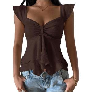 image:imageRoseSeek Womens Layered Ruffle T Shirts Sweetheart Neck Cap Sleeve Elegant Crop TopsBrown