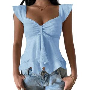 image:imageRoseSeek Womens Layered Ruffle T Shirts Sweetheart Neck Cap Sleeve Elegant Crop TopsLight Blue