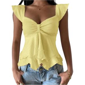 image:imageRoseSeek Womens Layered Ruffle T Shirts Sweetheart Neck Cap Sleeve Elegant Crop TopsYellow