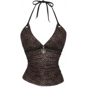 image:imageRoseSeek Womens Leopard Print Halter Tops Gothic Deep V Neck Sleeveless Music Festival Crop TopBrown