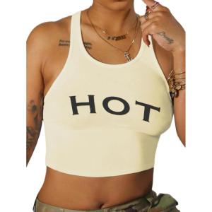 image:imageRoseSeek Womens Letter Print Sleeveless Tank Top Scoop Neck Slim Fit Crop Tops ShirtsApricot