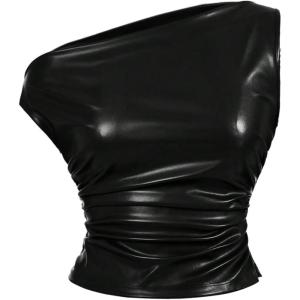 image:imageRoseSeek Womens Off Shoulder PU Leather Tank Top Sleeveless Slim Fit Crop Tops Elegant Y2K ClubwearBlack