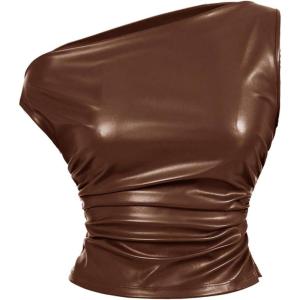 image:imageRoseSeek Womens Off Shoulder PU Leather Tank Top Sleeveless Slim Fit Crop Tops Elegant Y2K ClubwearBrown
