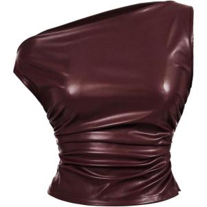 image:imageRoseSeek Womens Off Shoulder PU Leather Tank Top Sleeveless Slim Fit Crop Tops Elegant Y2K ClubwearBurgundy