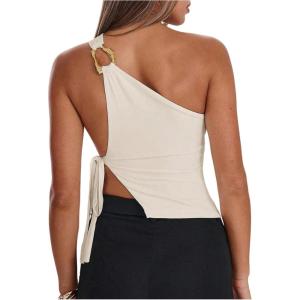image:imageRoseSeek Womens One Shoulder Cut Out Tank Top Elegant Asymmetrical Knot Sleeveless Tops Going Out OutfitsApricot