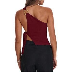 image:imageRoseSeek Womens One Shoulder Cut Out Tank Top Elegant Asymmetrical Knot Sleeveless Tops Going Out OutfitsBurgundy