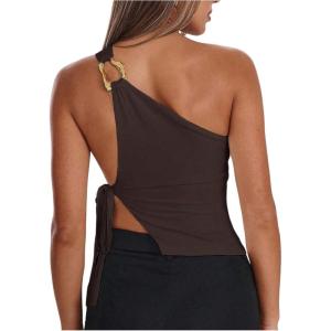 image:imageRoseSeek Womens One Shoulder Cut Out Tank Top Elegant Asymmetrical Knot Sleeveless Tops Going Out OutfitsCoffee Brown