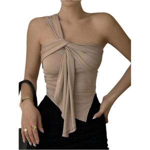 image:imageRoseSeek Womens One Shoulder Twist Front Tank Top Sleeveless Fitted Ruched Going Out Tops Date Night OutfitKhaki