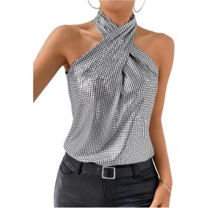 image:imageRoseSeek Womens Sequin Halter Tops Sparkle Sleeveless Top Party Y2k Tops Disco OutfitsSilver