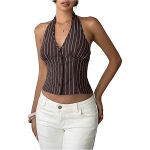 image:imageRoseSeek Womens Striped Backless Halter Tops Button Down V Neck Crop Suit Vest Dressy Blazer TopsBrown