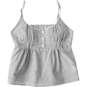 image:imageRoseSeek Womens Striped Button Front Flared Camisole Tops Shirred Spaghetti Strap Tank TopBlack
