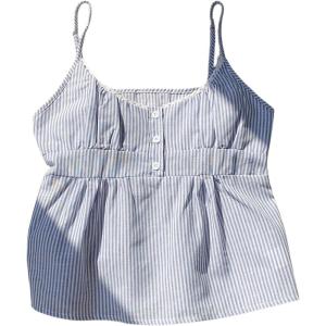 image:imageRoseSeek Womens Striped Button Front Flared Camisole Tops Shirred Spaghetti Strap Tank TopBlue