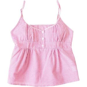 image:imageRoseSeek Womens Striped Button Front Flared Camisole Tops Shirred Spaghetti Strap Tank TopPure Pink