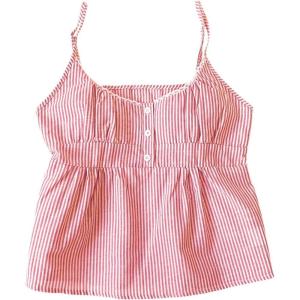image:imageRoseSeek Womens Striped Button Front Flared Camisole Tops Shirred Spaghetti Strap Tank TopPure Red