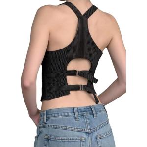 image:imageRoseSeek Womens Striped Cut Out Open Back Waistcoat Button Down V Neck Sleeveless Crop Vest TopBlack