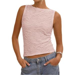 image:imageRoseSeek Womens Textured Cropped Tank Tops Boat Neck Sleeveless Elegant Tops Slim Fit TopPink