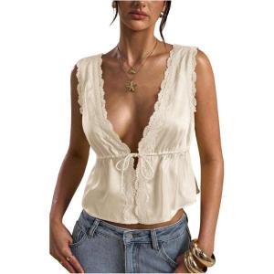 image:imageRoseSeek Womens Tie Front Deep V Neck Peplum Tops Lace Trim Sleeveless Satin Crop Tank TopApricot