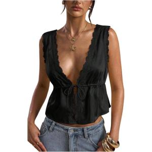 image:imageRoseSeek Womens Tie Front Deep V Neck Peplum Tops Lace Trim Sleeveless Satin Crop Tank TopBlack