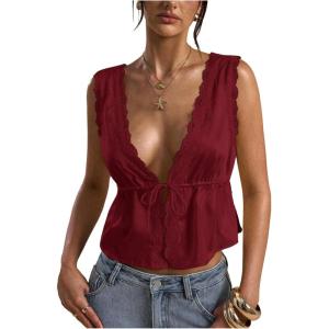 image:imageRoseSeek Womens Tie Front Deep V Neck Peplum Tops Lace Trim Sleeveless Satin Crop Tank TopBurgundy