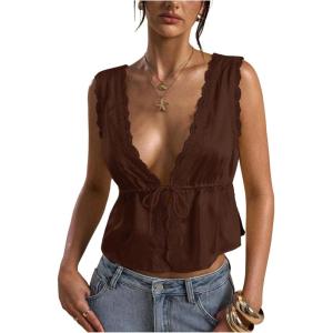 image:imageRoseSeek Womens Tie Front Deep V Neck Peplum Tops Lace Trim Sleeveless Satin Crop Tank TopCoffee Brown