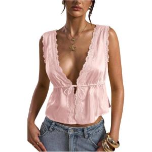 image:imageRoseSeek Womens Tie Front Deep V Neck Peplum Tops Lace Trim Sleeveless Satin Crop Tank TopCoral Pink
