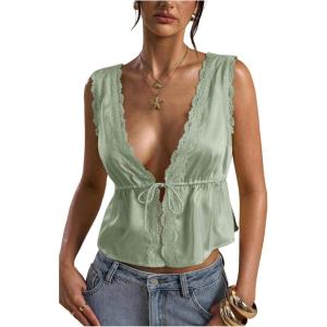 image:imageRoseSeek Womens Tie Front Deep V Neck Peplum Tops Lace Trim Sleeveless Satin Crop Tank TopMint Green