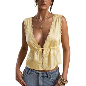 image:imageRoseSeek Womens Tie Front Deep V Neck Peplum Tops Lace Trim Sleeveless Satin Crop Tank TopYellow