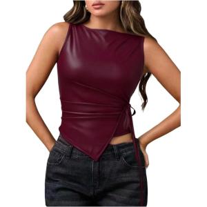 image:imageRoseSeek Womens Tie Side Asymmetrical Hem PU Leather Top Boat Neck Sleeveless Tank Tops Elegant TopsBurgundy
