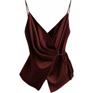 image:imageRoseSeek Womens Tie Side Wrap Camisole Tops Spaghetti Strap V Neck Elegant Blouses ShirtsBurgundy