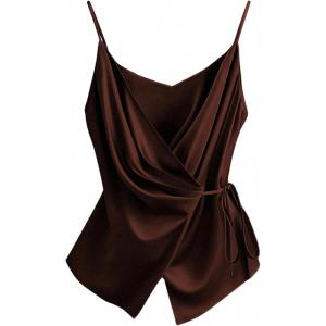 image:imageRoseSeek Womens Tie Side Wrap Camisole Tops Spaghetti Strap V Neck Elegant Blouses ShirtsRust Brown