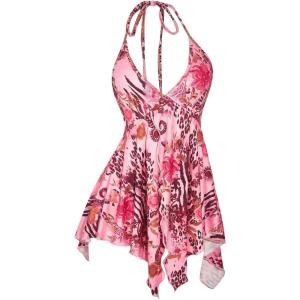 image:imageRoseSeek Womens Y2K Paisley Floral Halter Tops Sleeveless Low Cut Ruffle Hem Flowy Tank TopPink
