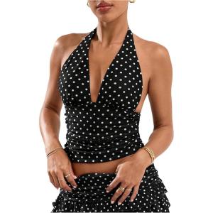 image:imageRoseSeek Womens Y2K Polka Dots Backless Halter Tops Sleeveless Ruched Fitted Low Cut Crop TopBlack