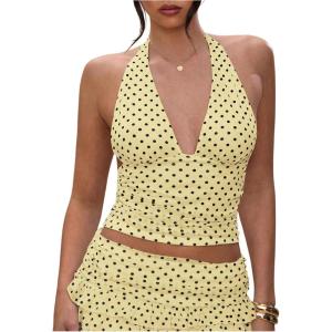 image:imageRoseSeek Womens Y2K Polka Dots Backless Halter Tops Sleeveless Ruched Fitted Low Cut Crop TopYellow