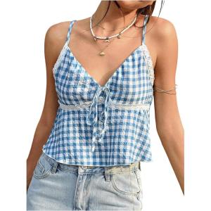 image:imageRoseSeek Womens Y2k Crop Camisole Tops Tie Front V Neck Vacation Top Spaghetti Strap Summer Tank TopBlue and White