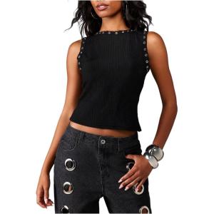 image:imageRoseSeek Womens Y2k Grommet Ribbed Knit Tank Top Mock Neck Sleeveless Summer Crop TopsBlack