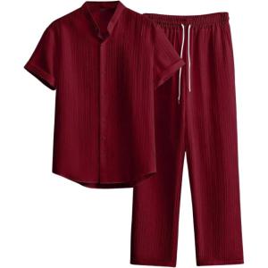 image:imageRoseSeek Mens 2 Piece Beach Vacation Linen Outfits Button Down Short Sleeve Shirts and Straight Leg Pants SetBurgundy