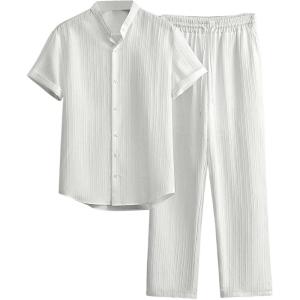 image:imageRoseSeek Mens 2 Piece Beach Vacation Linen Outfits Button Down Short Sleeve Shirts and Straight Leg Pants SetWhite
