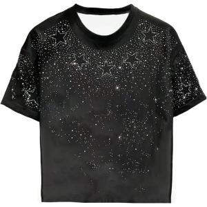 image:imageRoseSeek Mens Glitter Star Rhinestone Print T Shirt Short Sleeve Crew Neck Graphic Tees Y2K TopsBlack