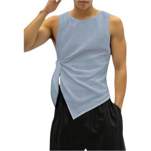 image:imageRoseSeek Mens Knot Side Sleeveless Tops Ruched Crew Neck Asymmetrical Hem Muscle Tank TopsBlue