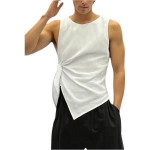 image:imageRoseSeek Mens Knot Side Sleeveless Tops Ruched Crew Neck Asymmetrical Hem Muscle Tank TopsWhite