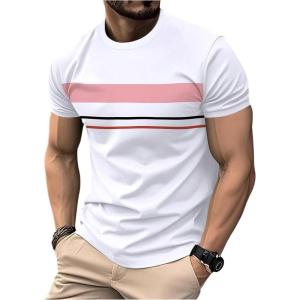 image:imageRoseSeek Mens Striped Color Block Tee Tops Crewneck Short Sleeve Summer T ShirtsWhite Pink